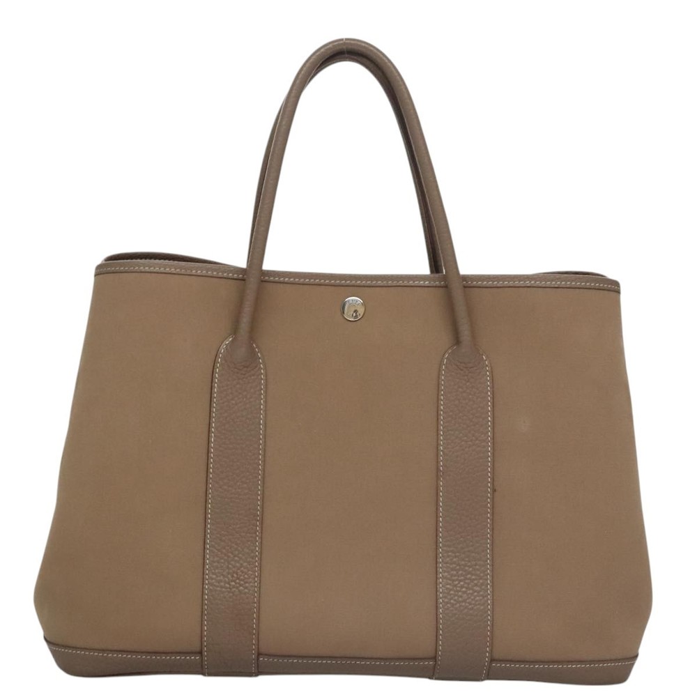 HERMES Garden Party PM Hand Bag Canvas Leather Beige Silver Auth kk429 - Picture 3 of 16